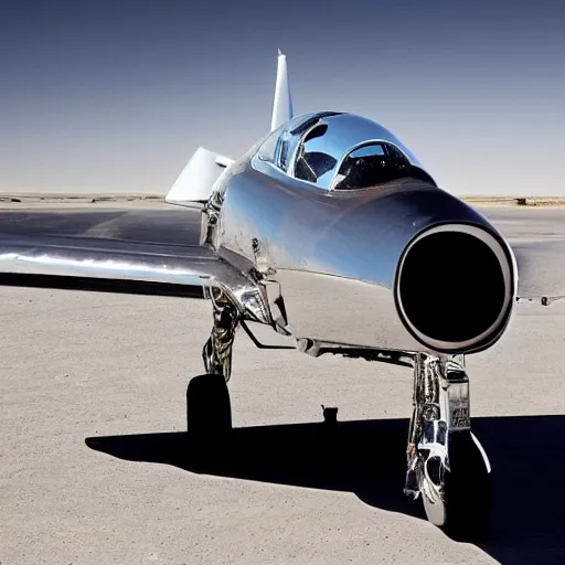 Image similar to Chrome F4 Phantom, chrome fighter jet, shiny, reflective, parked in Nevada desert, ultra high detail