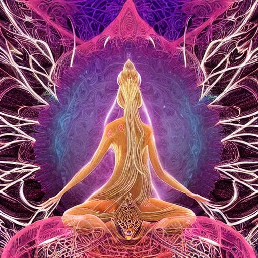 Image similar to glowing cracks, elven princess, meditating, peaceful, levitating, powerful, blossoming, lotus pose, zen, glowing, fractal background, ascending, detailed, realistic, digital art, fantasy, trending on artstation, cinematic, movie clip, visionary art, intricate pattern, subtle pattern, detailed texture, fractal texture, flowing, engraved texture, sacred geometry pattern, symmetry, perfect, perfect face, facial beauty, pretty, attractive, by peter morhbacher, dmt temple, godlike, pearlescent, matte painting, highly detailed painting, light, light being, feathered, smooth, radial color dispersion, color dispersion, portal, black hole, realms, surreal, surrealist, water, underwater, shiva, indian goddess, microscope imagery, cell, 8k macro photography