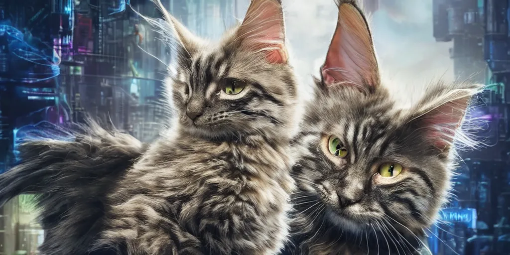 Prompt: a 3 d rendered movie still a of mainecoon robot kitten has become a cat scanning device. cyberpunk cat tree. science fiction blockbuster movie from the future, imax 7 0 mm. style of mandalorian ( american space western television series )