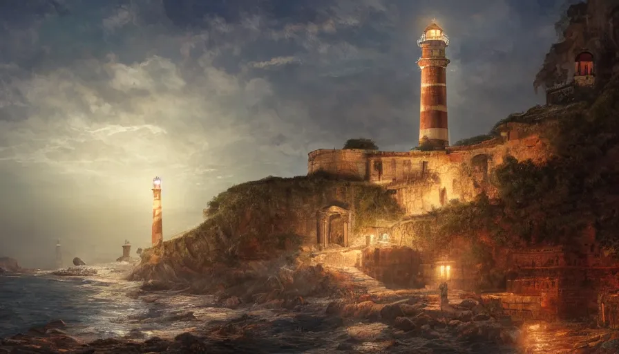 Image similar to ancient city of Rome with a lighthouse near the shore and a village in a valley, intricate, elegant, volumetric lighting, digital painting, highly detailed, artstation, sharp focus, illustration, concept art, ruan jia, steve mccurry