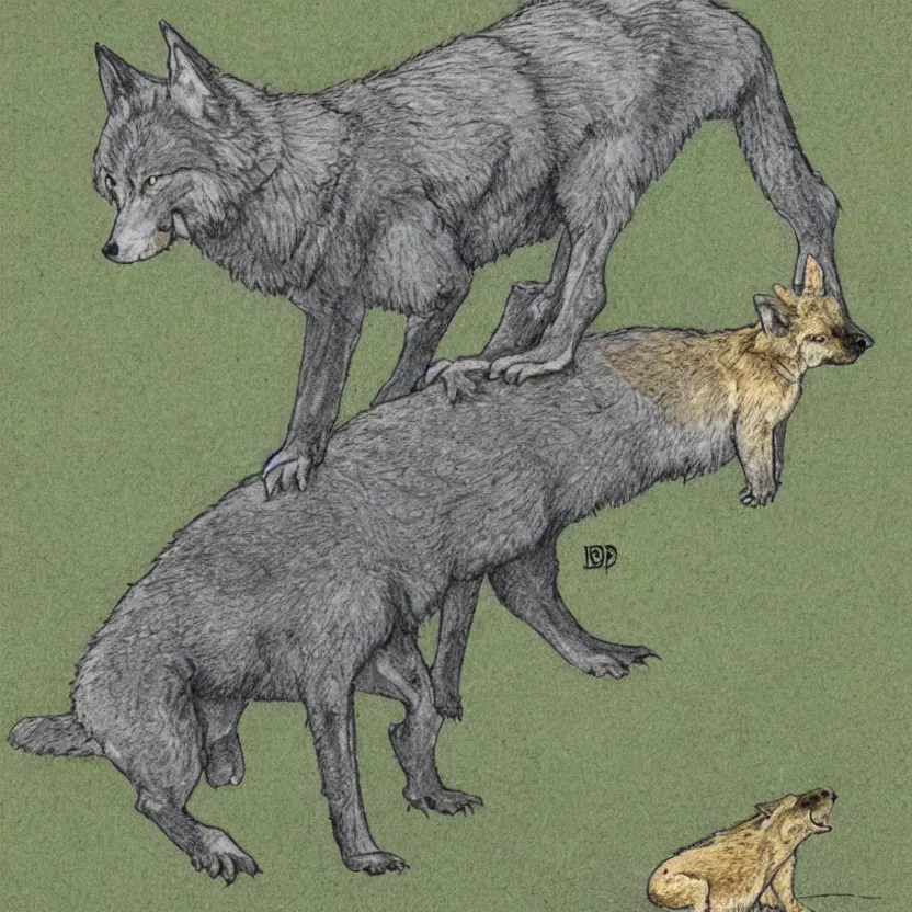 Image similar to a wolf pup on a hill with a lizard illustrated by Don Freeman in the style of Corduroy