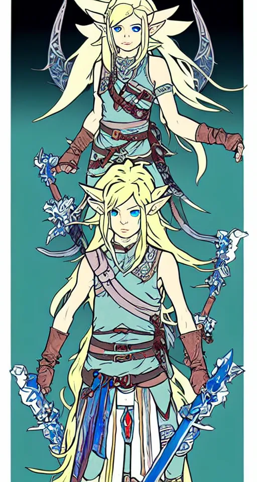 Image similar to link as the fierce diety form with white hair!! from the legend of zelda!! portrait illustration, pop art, splash painting, art by geof darrow, ashley wood, alphonse mucha, makoto shinkai