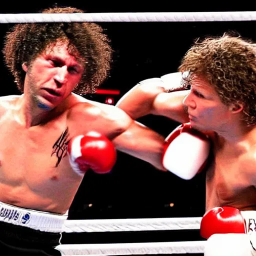 Prompt: ”ESPN photograph of Zack de la Rocha punching Jon Bon Jovi in boxing match, 4k uhd”
