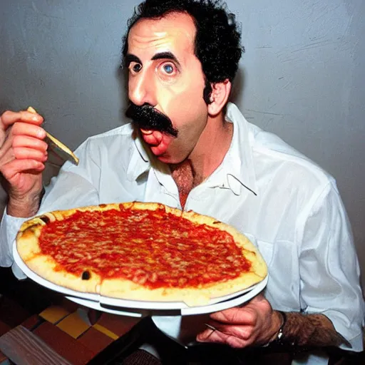 Image similar to borat eating pizza, wet, sloppy gross, obnoxious