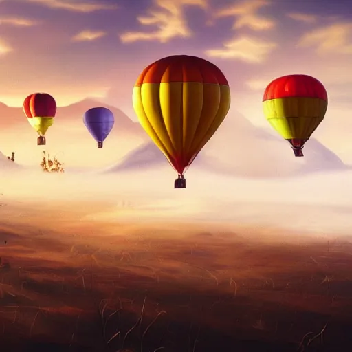 Image similar to colorful hot air balloons float over a fiery battlefield of smoke, fantasy, concept art, colorful, vivid