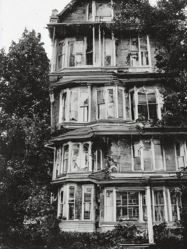 Image similar to 1970s photograph. beautiful exterior view of an old victorian house. a creepy man's face is in the window