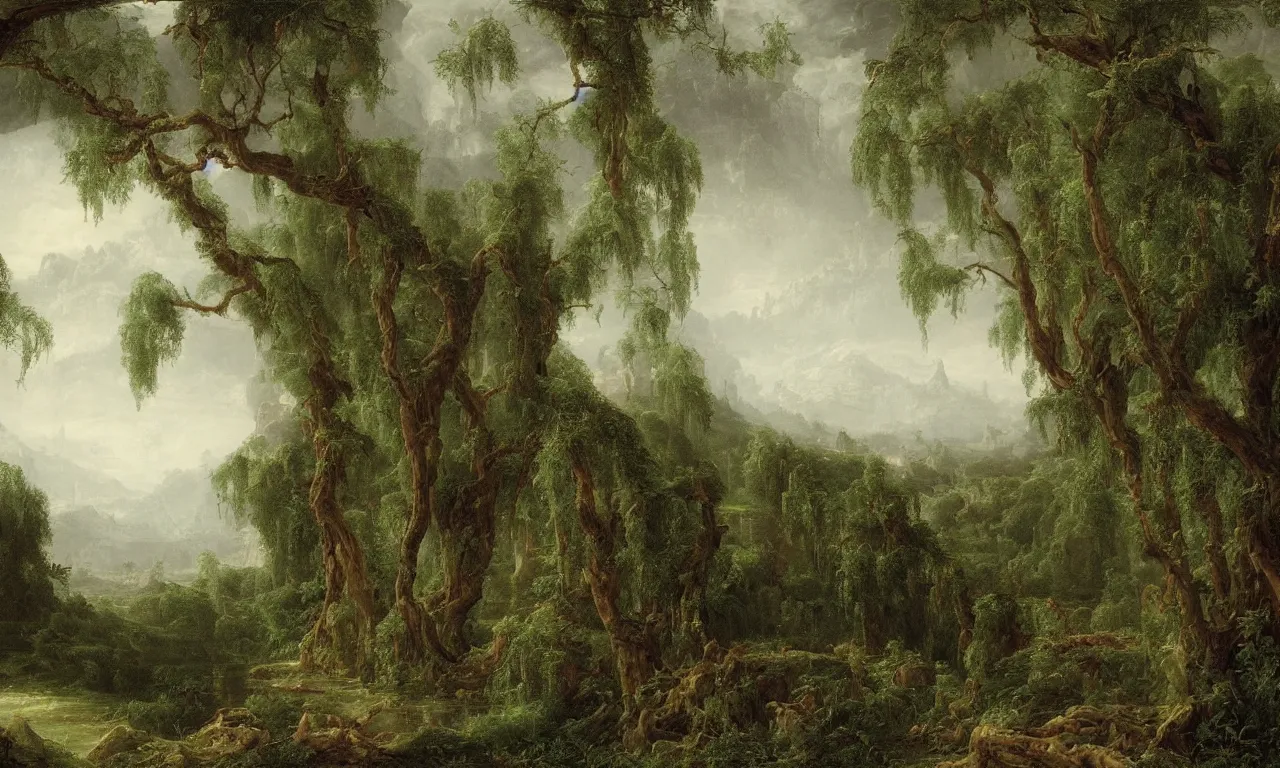 Prompt: antique ruined city, landscape by weeping willows, misty garden, thomas cole, lord of the ring, intricate details