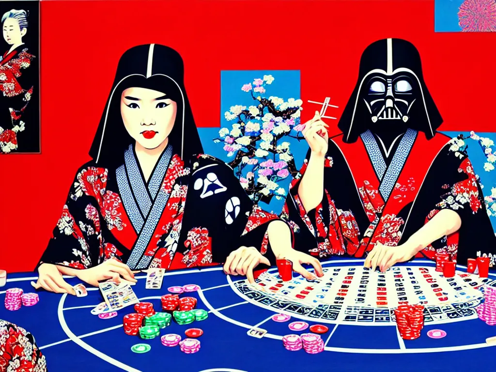 Image similar to hyperrealistic composition of the detailed woman in a japanese kimono sitting at a poker table with detailed darth vader, fireworks, mount fuji on the background, pop - art style, jacky tsai style, andy warhol style, acrylic on canvas