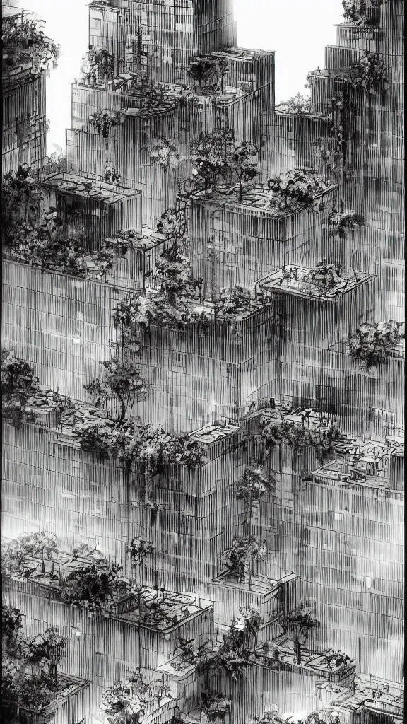 Prompt: 5 - panel comic page layout by piranesi. 2 architects in black talking passionately about sustainable futuristic building in a urban setting. ultrarealistic matte painting on white page. the buildings have many deep and tall balconies covered in plants and trees. plants hang from balconies. greeble articulated details. 8 k.