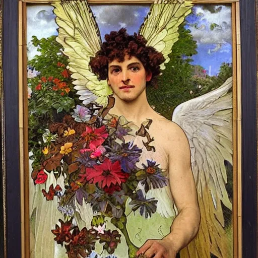 Image similar to an oil painting of a handsome garden angel with majestic wings standing in front of a cottage by arcimboldo and alphonse mucha and thomas kincade