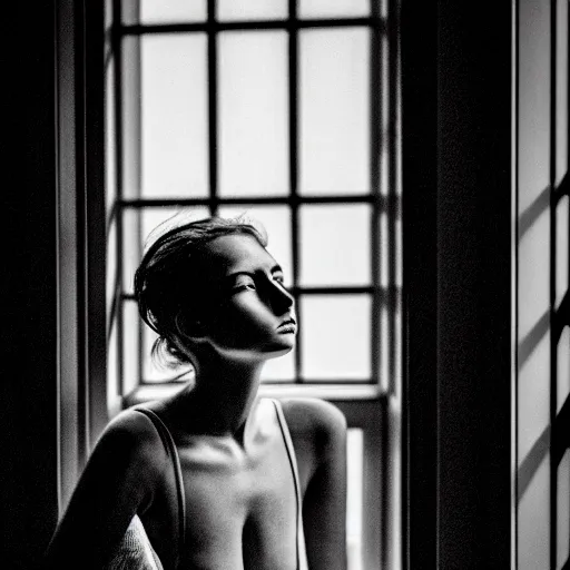 Image similar to black and white photography of highly detailed beautiful depressed Woman with detailed face in the heroine chique style standing by the window, vintage, natural light, sigma 85mm f/1.4 1/10 sec shutter