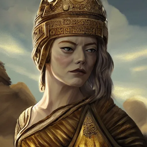 Image similar to tiny Emma Stone as ancient greek woman in golden helmet standing on giant grey-haired bearded male face in the sky, epic fantasy style art, fantasy epic digital art