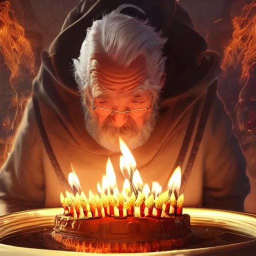Prompt: a wizard blowing out his birthday candles, the flames on the candles look like tiny phoenix, art by artgerm and greg rutkowski and alphonse mucha, concept art, octane render, unreal engine 5, highly detailed, high quality, 8 k, soft lighting, realistic face, path traced