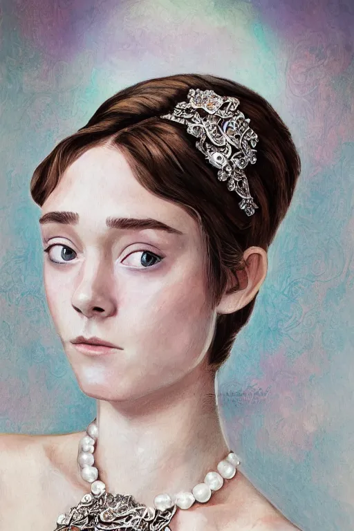 Image similar to a full body art nouveau portrait of a 16-year old girl who resembles Audrey Hepburn and Saoirse Ronan with a worried, intense gaze and slightly opened mouth, wearing sheer silks and ornate intricate iridescent mother-of-pearl jewelry, intricate, elegant, highly detailed, digital painting, artstation, concept art, smooth, sharp focus, illustration, art by John William Waterhouse and Bouguereau and Donato Giancola and alphonse mucha