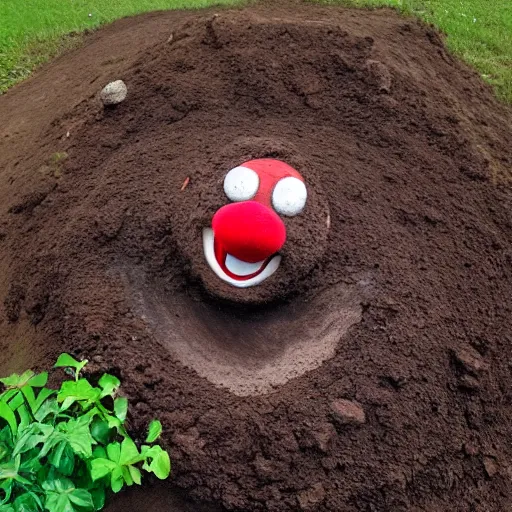 Prompt: photo of a round creature made of dirt and soil with tiny legs, with round blue eyes, a red clown nose, and a cute smile