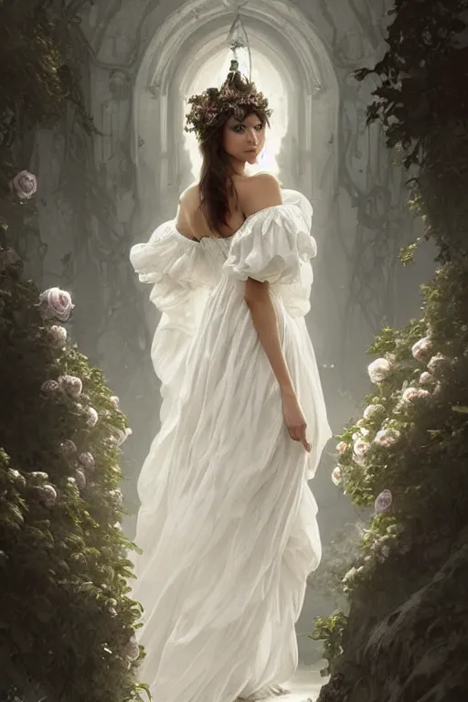 Prompt: Nina Dobrev dressed in a vaporous wrapped large victorian white roses cotton dress fashion, D&D, fantasy, intricate, elegant, highly detailed, digital painting, artstation, concept art, matte, sharp focus, illustration, art by Artgerm and Greg Rutkowski and Alphonse Mucha