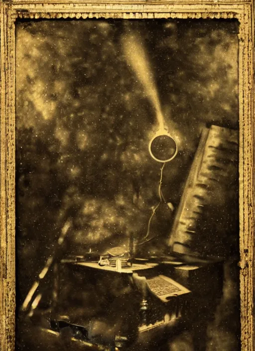 Image similar to old wetplate daguerreotype portrait of the birth of a genius musician, explosion of data fragments, fractal, intricate, elegant, highly detailed, parallax, leica, medium format, subsurface scattering, by jheronimus bosch and greg rutkowski and louis jacques mande daguerre