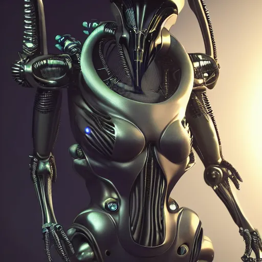 Image similar to futuristic cyberpunk alien xenomorh queen robot concept, highly detailed, photorealistic shot, bright studio setting, studio lighting, crisp quality and light reflections, unreal engine 5 quality render