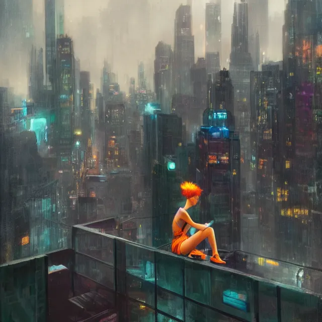 Prompt: a girl sitting on a ledge overlooking a futuristic new york city, bright hair, ghostpunk, sci - fi, neon lights, storm clouds, rain, moody lighting, by craig mullins, by jc leyendecker, by james jean