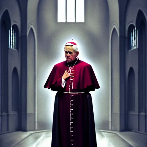 Image similar to pope benedict xvi standing in a curch, digital painting, greg rutkowski, artstation, cinematic, matte painting