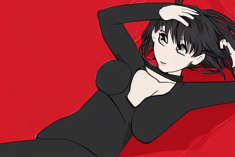 Prompt: a girl laying from left to right, wearing a black outfit with red trim, simple vector shaded anime style, simple anime digital art, 4 k