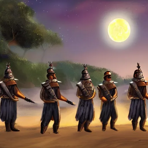 Prompt: A group of armoured Spanish conquistadors holding torches on a sandy beach Cove in middle of a magical forest in a dark night. Inca ruins in the background. Pale crescent moon in the sky. detailed digital painting, artstation