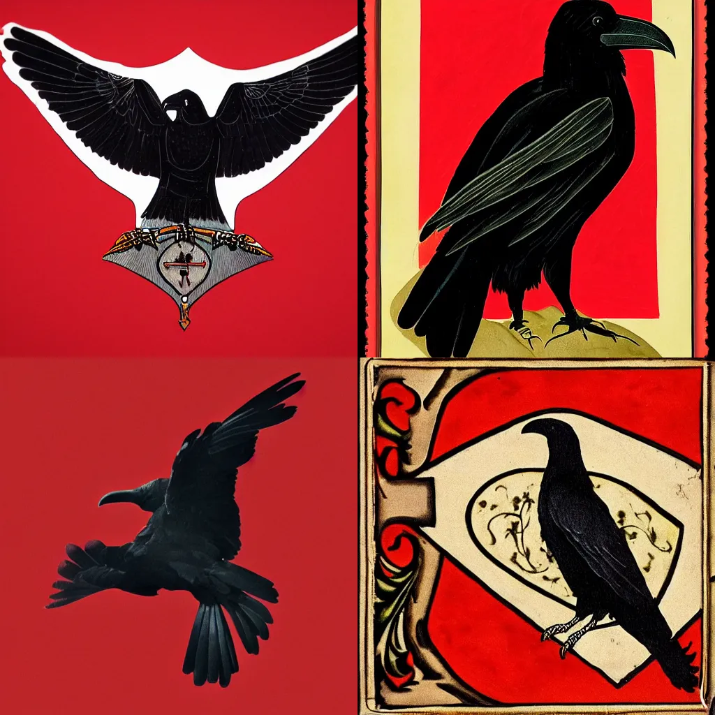 Prompt: Heraldry of a Raven on a red background