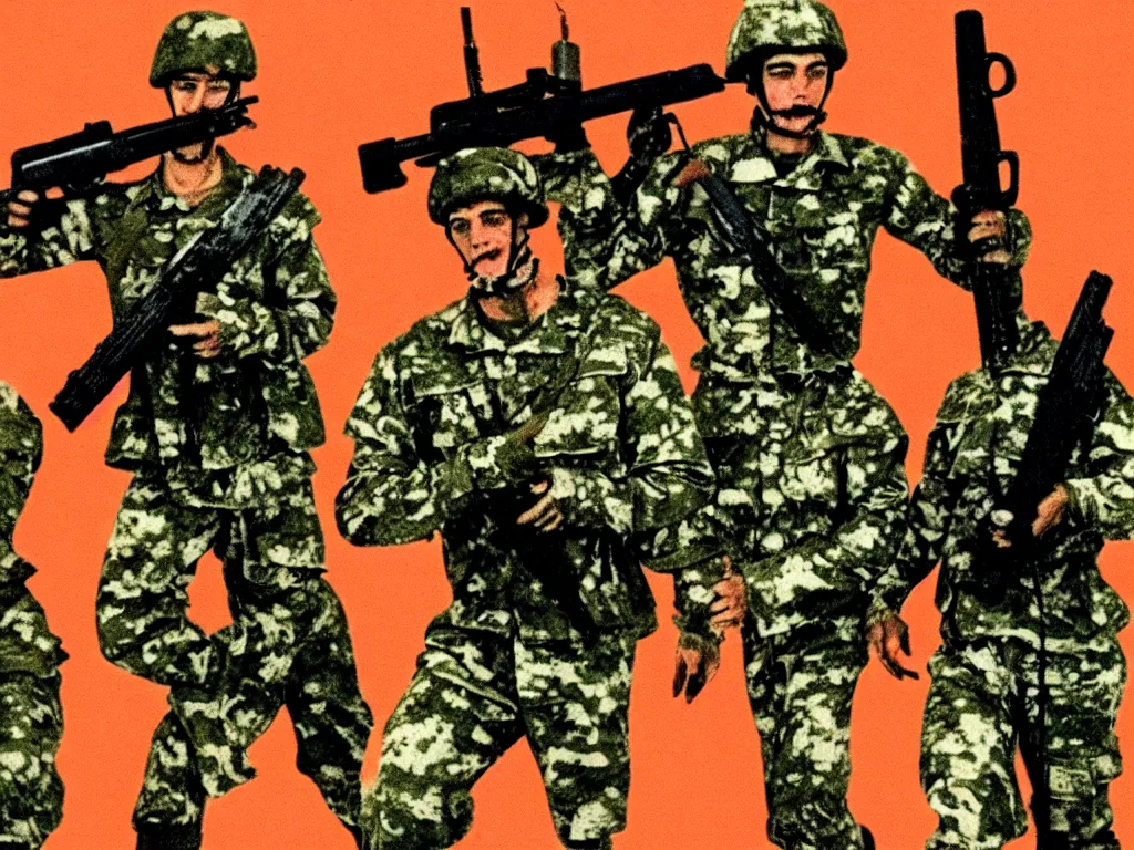 Image similar to vintage 90s VHS video still of a double-headed soldier, deformed body, promoting war, retro TV, noise