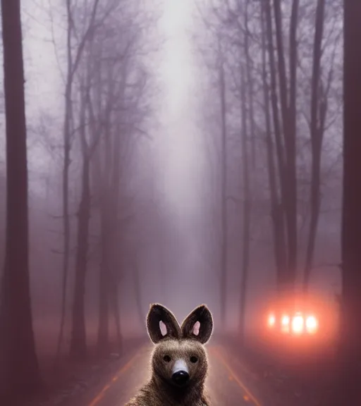 Prompt: foggy dirt road portrait of moderately stocky furry anthro anthropomorphic spotted hyena head animal person fursona wearing clothes horror gloomy digital art bokeh depth of field photo by Greg Rutkowski, Simon Stalenhag, christopher nolan trending on Artstation, CGSociety