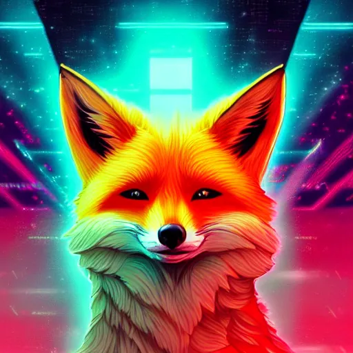 Prompt: digital fox, retrowave palette, retro cyberspace background, highly detailed, anatomically correct vulpine, synth feel, fluffy face, ear floof, flowing fur, super realism, accurate animal imagery, 4 k digital art