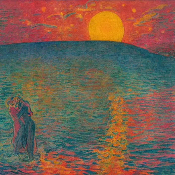 Image similar to lovers in the turbulent river. red sun setting through the storm clouds. iridescent, vivid psychedelic colors. painting by munch, agnes pelton, egon schiele, henri de toulouse - lautrec, utamaro, monet