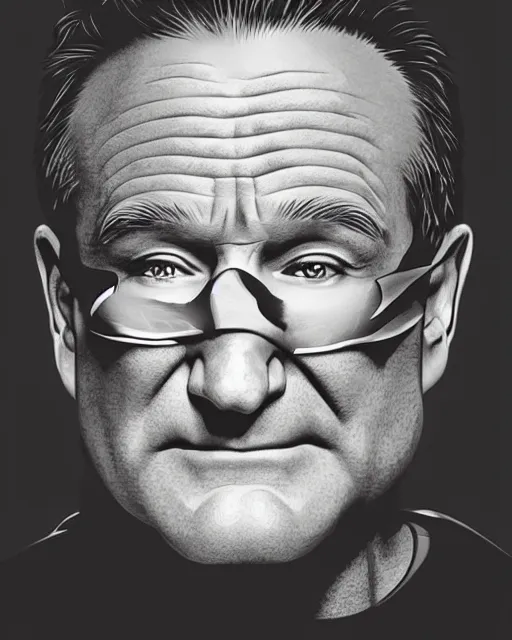 Image similar to robin williams as batman, digital illustration portrait design, detailed, gorgeous lighting, dynamic portrait