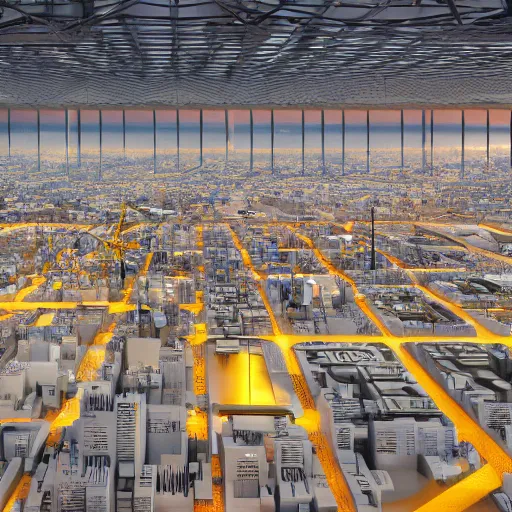 Prompt: crane shot of large group people in open warehouse, looking at hologram of futuristic city on a table, cinematic still, godrays, golden hour, natural sunlight, 4 k, clear details, tabletop model buildings, tabletop model, ethereal hologram center, crane shot, crane shot, gathering