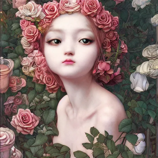 Prompt: white cat girl, botanical, rose, portrait face, colorful, kupka, intricate, miles johnston, kuroda seiki, ozabu, godward, painterly, yoshitaka amano, moebius, miles johnston, louise zhang, james jean, mark ryden lowbrow pop surrealism art style