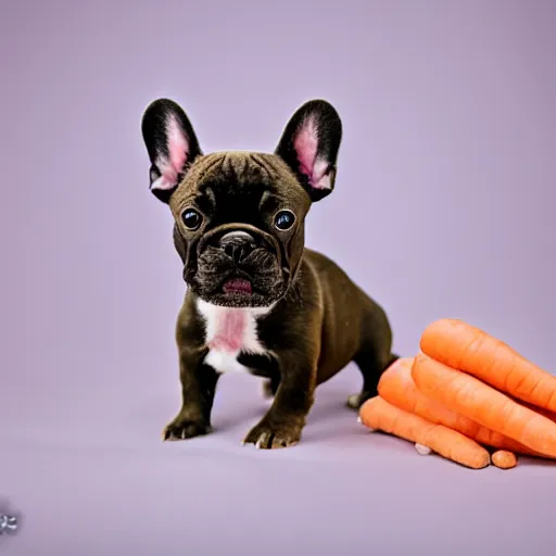 Prompt: french bulldog puppy, award winning portrait by anne geddes, taffeta, soft lighting, soft pastel palette, ultra realism, with carrots