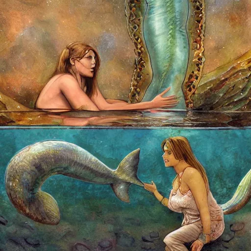 Prompt: scientist interacts with a mermaid, by jon foster