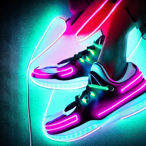 Prompt: a profesional studio advertising photograph of a pair of digital futuristic sneakers with neon lights and mayan aesthetic shot in a profesional photographic studio