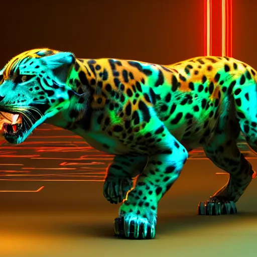 Image similar to a neon cyberpunk cyborg jaguar animal, octane render