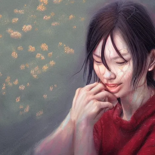 Prompt: woman sitting crying, night, cold weather, emotional oil painting, digital art, trending on artstation, by Yoshitaka Amano, highly detailed, by Artgerm