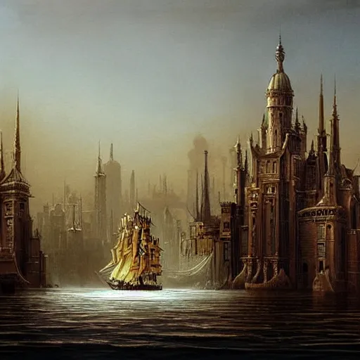 Image similar to by john howe in the usa, chiaroscuro bold. a print of a tall ship sailing through a cityscape. the ship is adorned with intricate details, while the cityscape is filled with towering palaces & other grand buildings.
