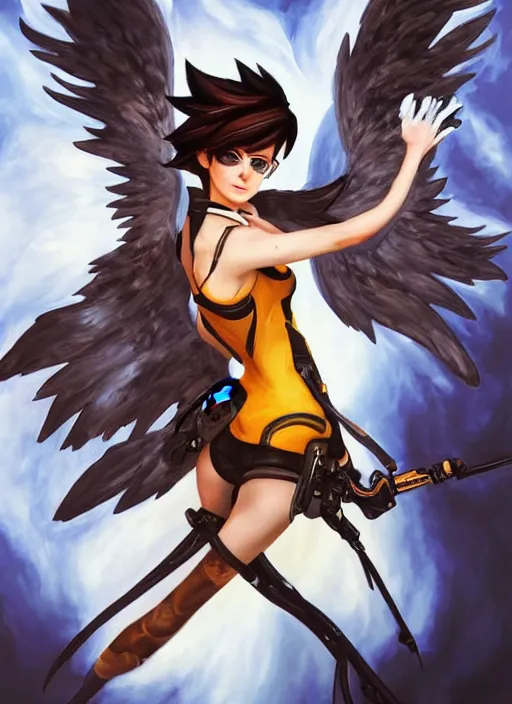 Image similar to full body oil painting of tracer overwatch in the style of sophie anderson, angel wings, white dress, dramatic painting, wearing black collar, symmetrical composition, ornate, high detail, gold, blooming, lights, flowers,