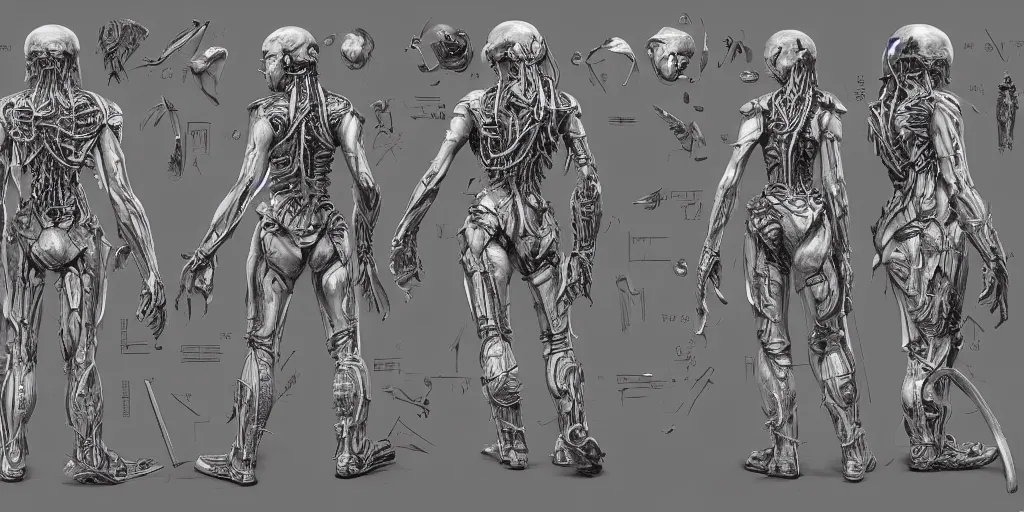 Prompt: highly detailed character sheet, expressive features, technical drawing, side view, human game protagonist designs, side - scrolling 2 d platformer, art by h. r. giger, kim jung gi and burne hogarth