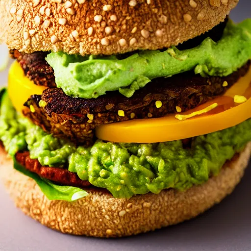 Prompt: vegan hamburger with guacamole and crispy fried onion and fried egg toppings, crispy buns, 8 k resolution, studio lighting, sharp focus, hyper - detailed