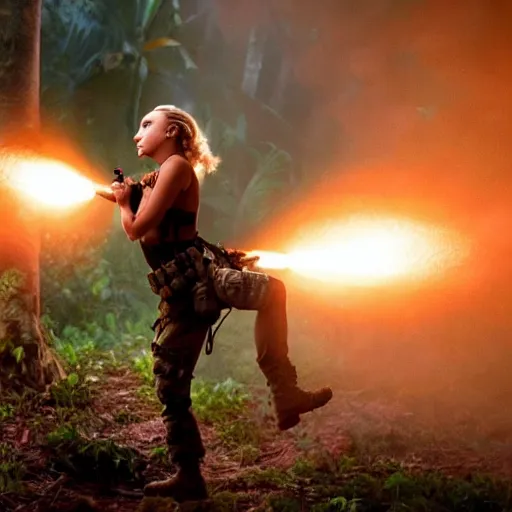 Image similar to cinematic scene with hayden panettiere as a commando in the jungle joining the ballte, action scene, dramatic, small details, volumetric lighting, ground mist, smoke, still frame