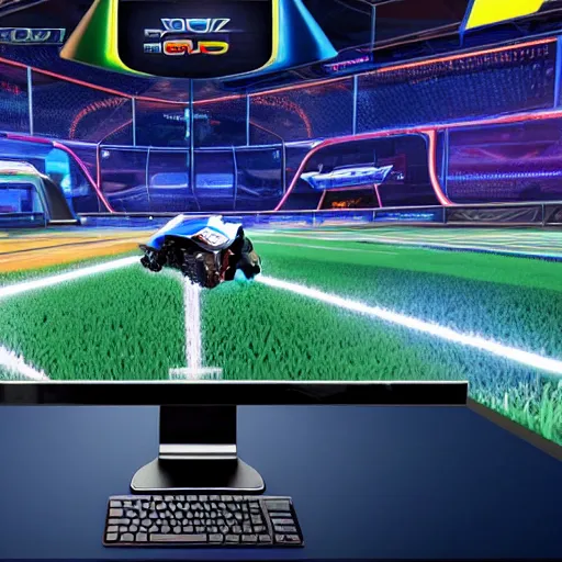 Prompt: instagram photo of 9 huge ultrawide monitors on a desk playing rocket league