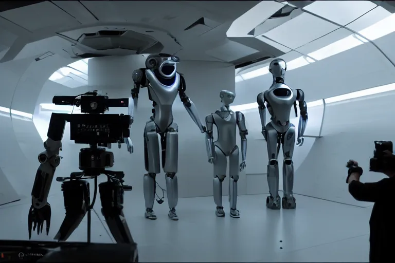 Image similar to vfx film, behind the scenes, on location, set design, making of, big film production, camera operator filming futuristic tesla humanoid robots, high tech space ship interior, flat color profile low - key lighting award winning photography arri alexa cinematography, hyper real photorealistic cinematic, atmospheric cool colorgrade