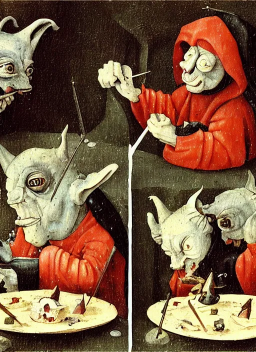 Image similar to medieval goblin eating cakes painted by hieronymus bosch, detailed digital art, trending on Artstation