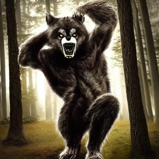 Prompt: photo of a human partially transforming into a werewolf that looks like a panda, in the moonlit forest. physiological transformation ; hybrid creature. highly - detailed ; photorealistic.