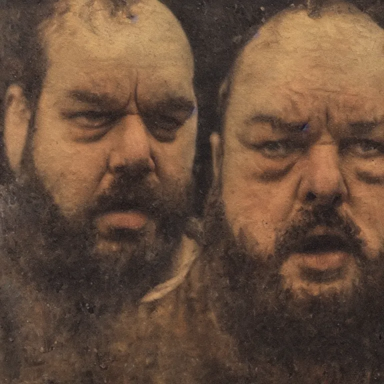 Prompt: Antique tintype of Beautiful warmly lit close up expressionistic studio portrait of very angry! unattractive chubby man with a stubbly beard singing angrily!, impasto oil painting heavy brushstrokes by Cy Twombly and Anselm Kiefer , trending on artstation dramatic lighting abstract Expressionism