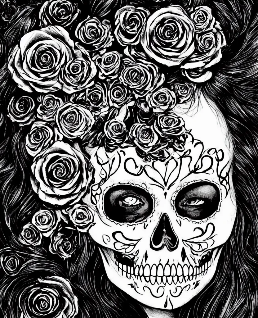 Prompt: a chaotic goddess of death skull black rose s day of the dead gothic beauty pretty gorgeous